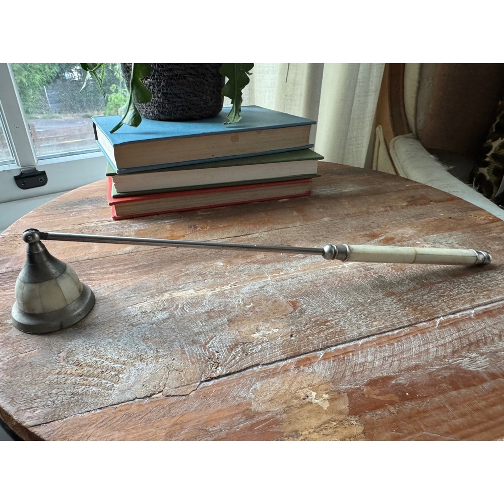 Vintage Shell Inlay Candle Snuffer Metal Handle Swivel Head Cream Silver Tone